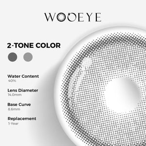 Alice Grey Color Contacts specifications: 14.0mm diameter, 8.6mm base curve, and 40% water content for daily comfort.