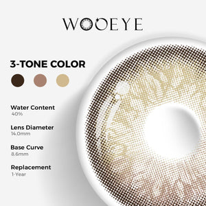 Alice Brown Color Contacts specifications: 14.0mm diameter, 8.6mm base curve, and 40% water content for daily comfort.