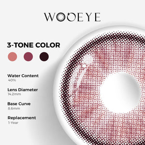 Wooeye Trends Purple Contacts specifications: 14.2mm diameter, 8.6mm base curve, and 40% water content for daily comfort.