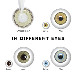 Effect display of wearing Flaxseed Gray Contact Lenses for different eye colors
