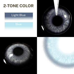 Close-up of the black background and edge details of the Glacier Blue contact lens, two colors of the product on the upper left