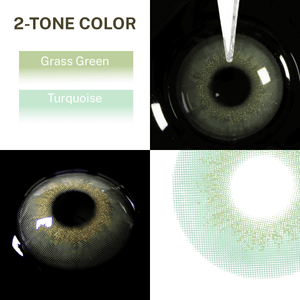 Close-up of the black background and edge details of the Glacier Green contact lens, two colors of the product on the upper left