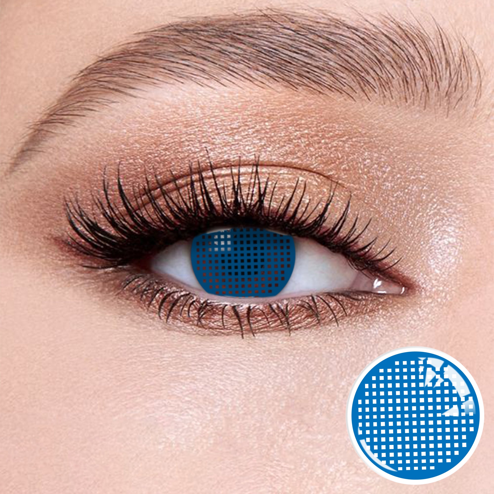 The effect of wearing  Grid Blue Contact Lenses , with a close-up of the product in the lower right corner