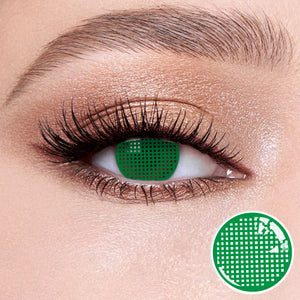 The effect of wearing Grid Green Contact Lenses, with a close-up of the product in the lower right corner