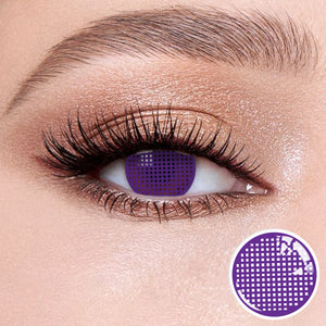 The effect of wearing Grid Purple Contact Lenses, with a close-up of the product in the lower right corner