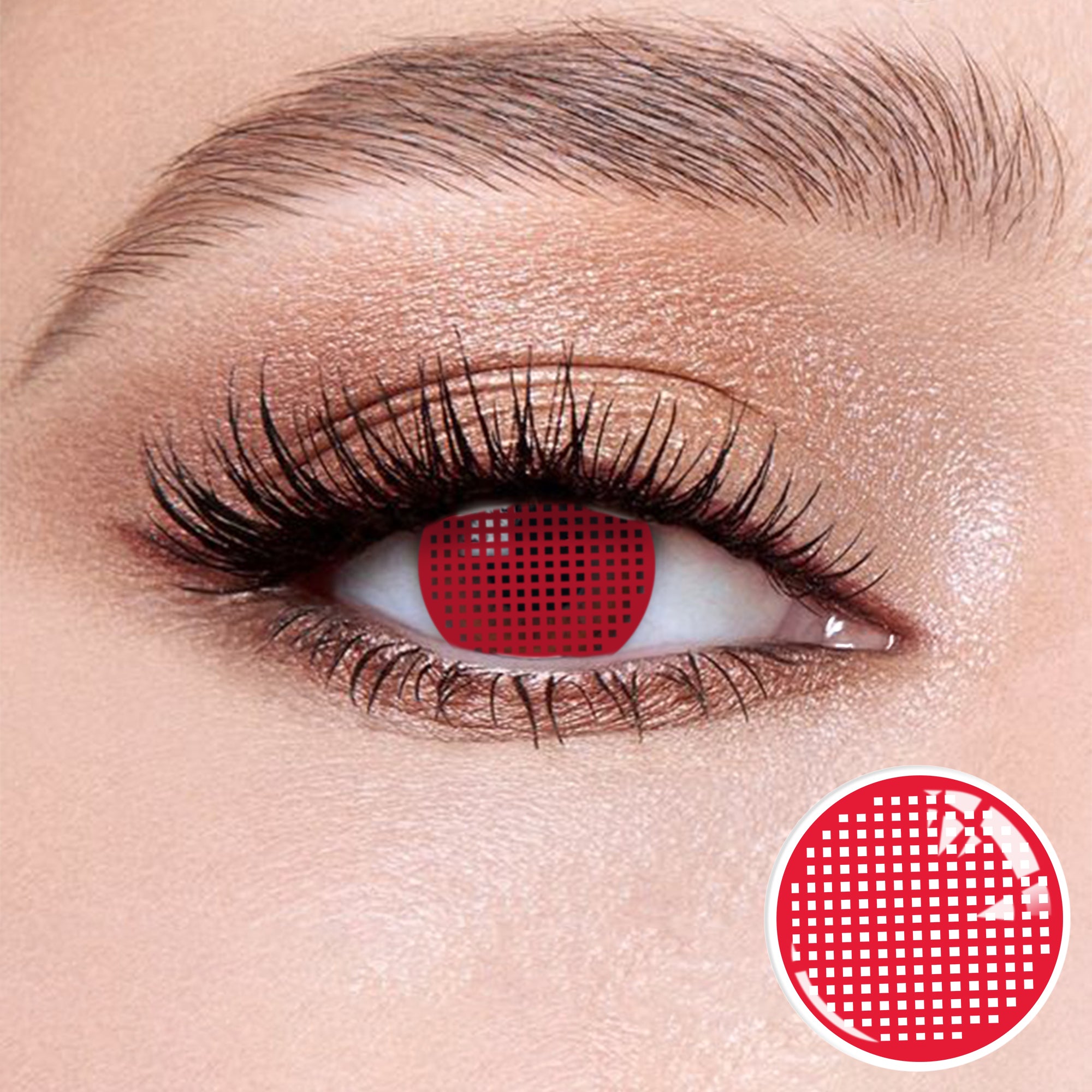 The effect of wearing  Grid Red Contact Lenses, with a close-up of the product in the lower right corner