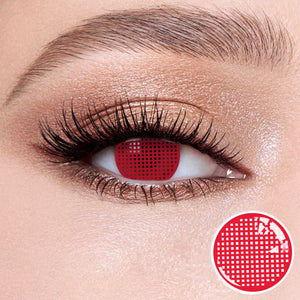 The effect of wearing  Grid Red Contact Lenses, with a close-up of the product in the lower right corner