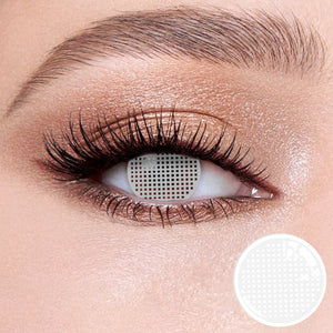 The effect of wearing Grid White Contact Lenses, with a close-up of the product in the lower right corner