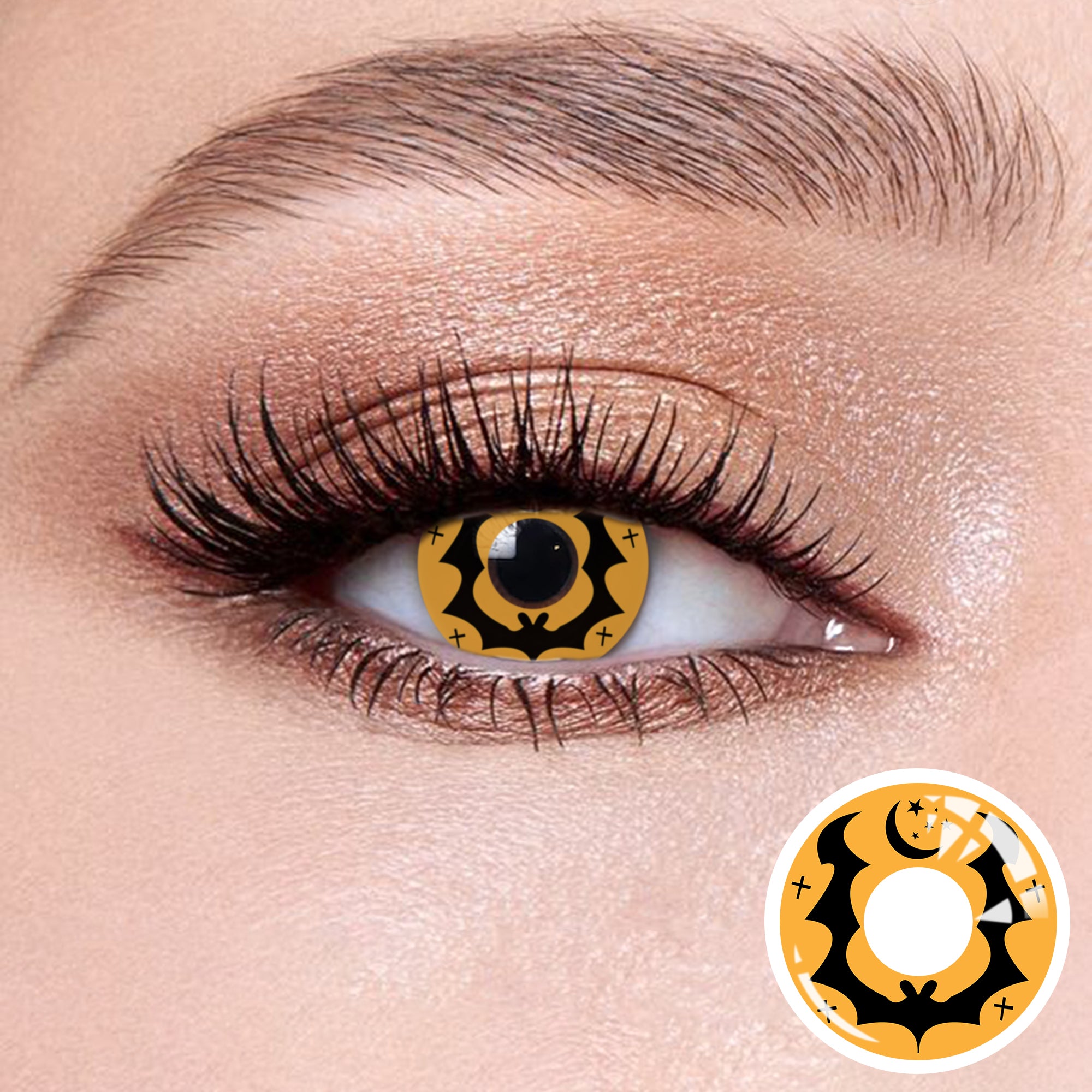The effect of wearing Halloween I Contact Lenses , with a close-up of the product in the lower right corner
