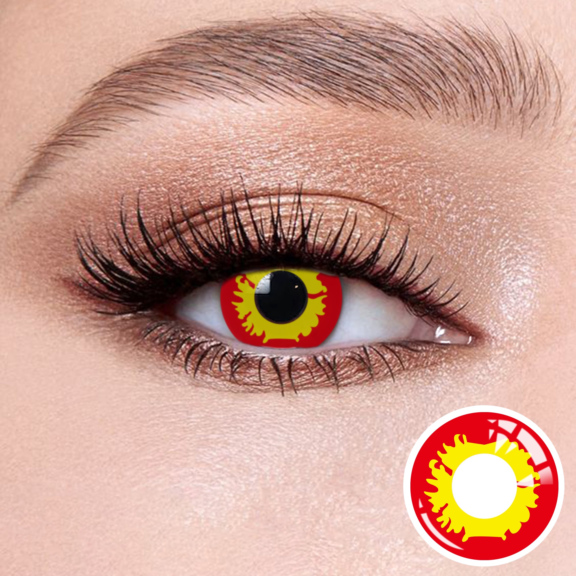 The effect of wearing Halloween II Contact Lenses, with a close-up of the product in the lower right corner