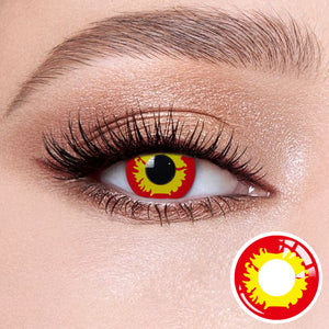 The effect of wearing Halloween II Contact Lenses, with a close-up of the product in the lower right corner