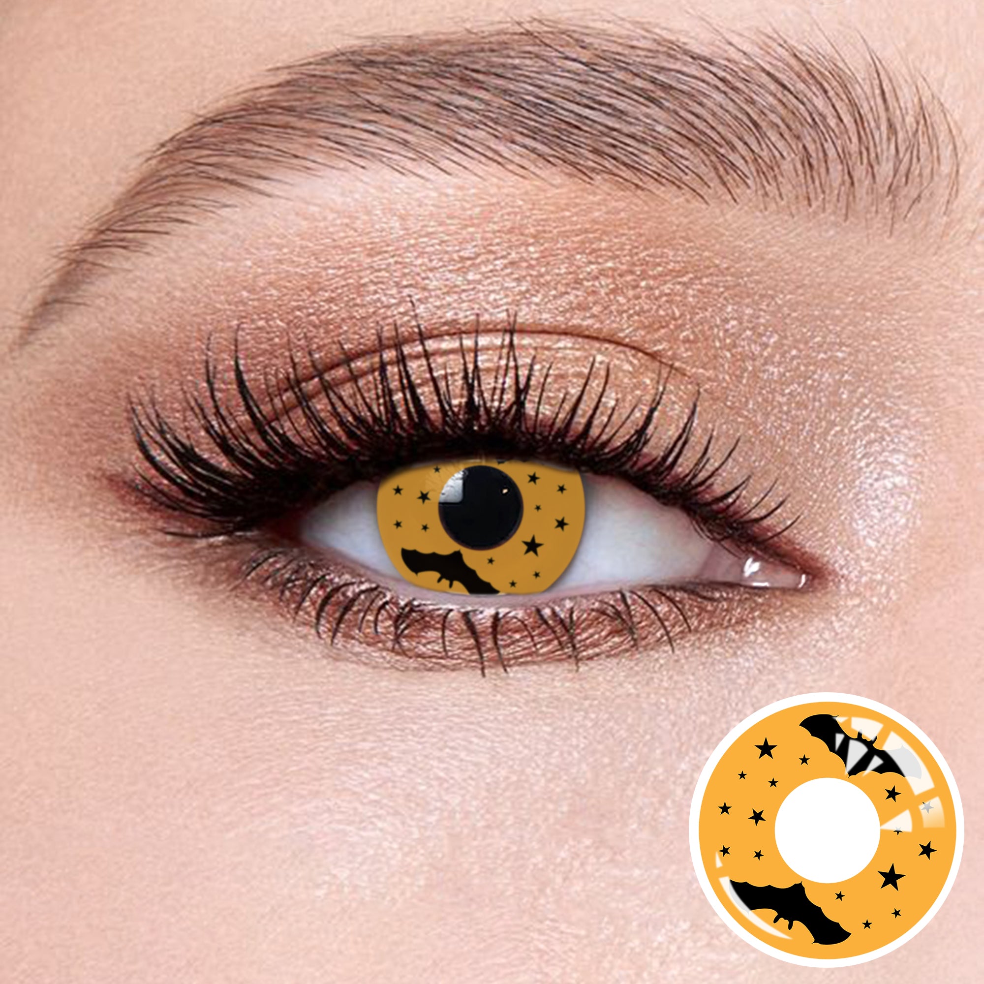 The effect of wearing Halloween Contact Lenses, with a close-up of the product in the lower right corner