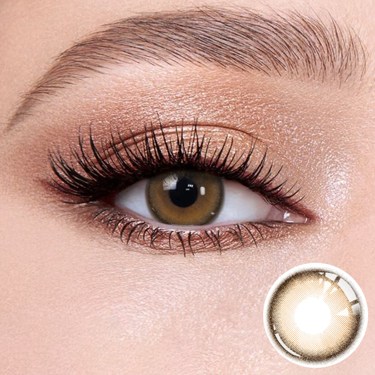 The effect of wearing Hazel Brown Contact Lenses, with a close-up of the product in the lower right corner