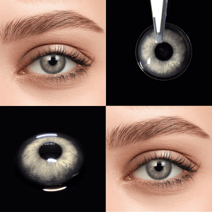 Close-up of Irish.Gray contact lenses with black background and upper eye