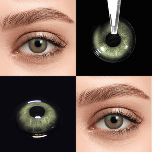 Irish.Green contact lenses close-up on black background and upper eye