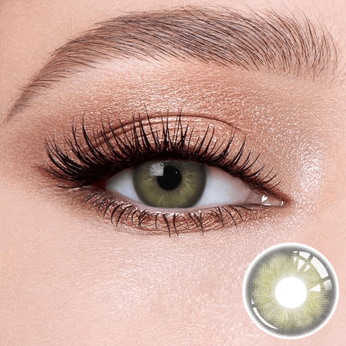 Irish.Green contact lenses on the eyes, close-up of the product on the lower right