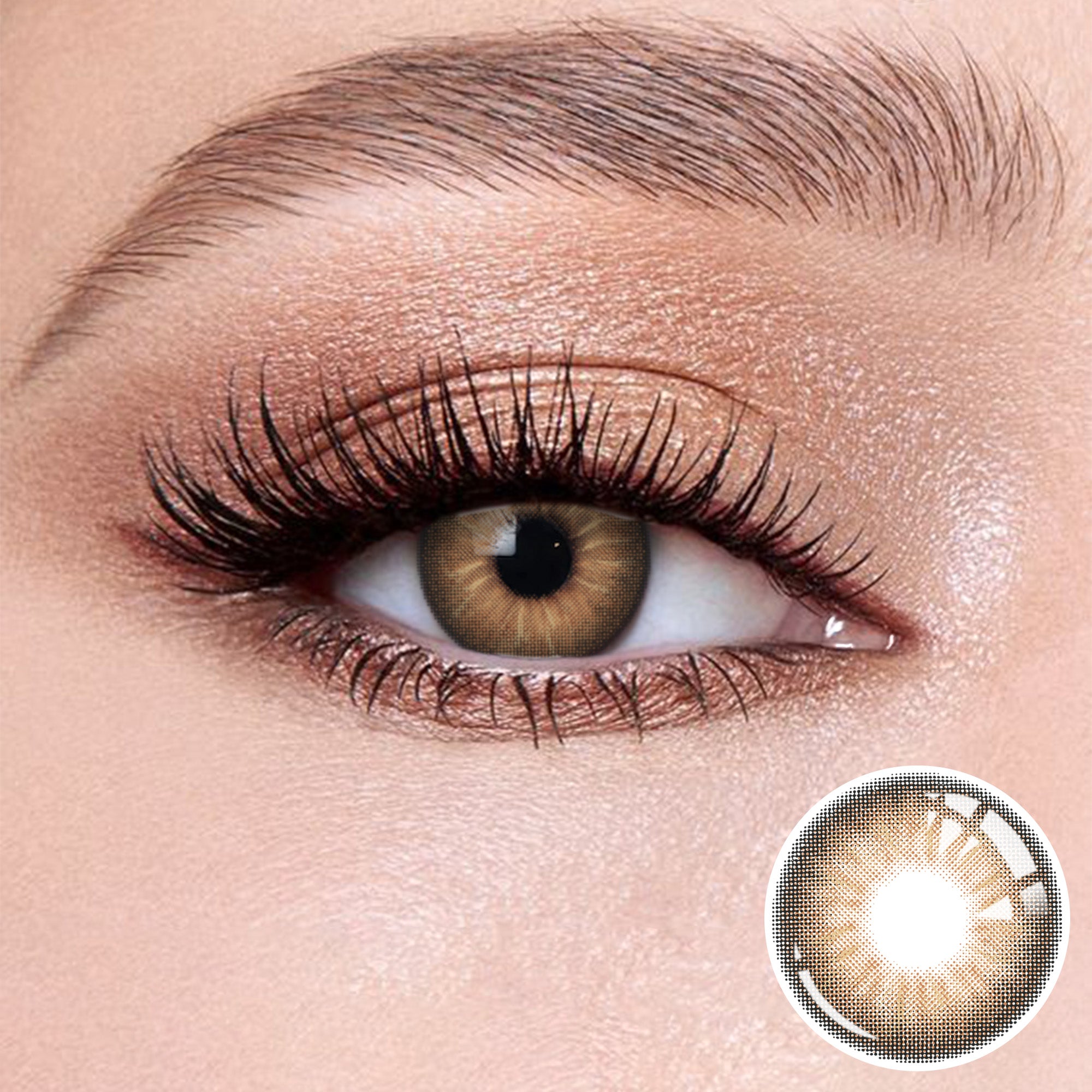 The effect of wearing Jennie Brown Contact Lenses, with a close-up of the product in the lower right corner