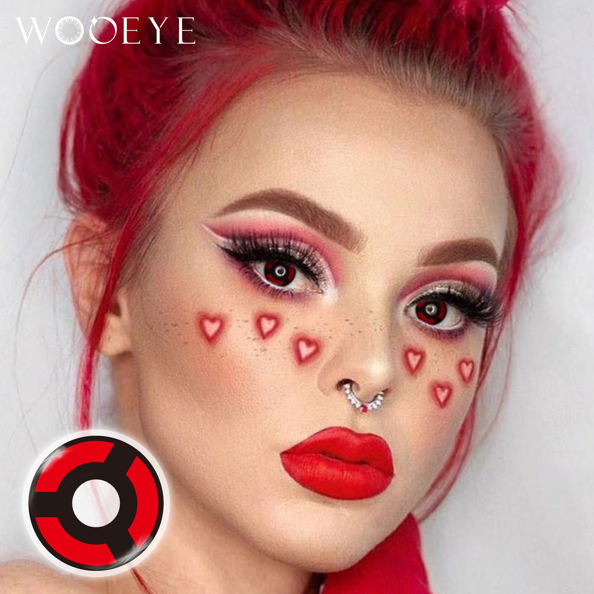 Model wearing Izuna Mangekyō Sharingan Contact Lenses