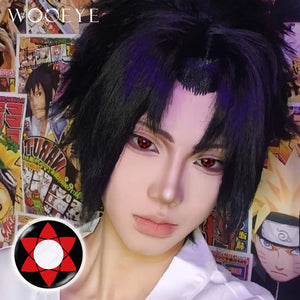 Model wearing mangekyou sharingan Contact Lenses