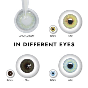 Effect display of wearing Lemon Green Contact Lenses for different eye colors