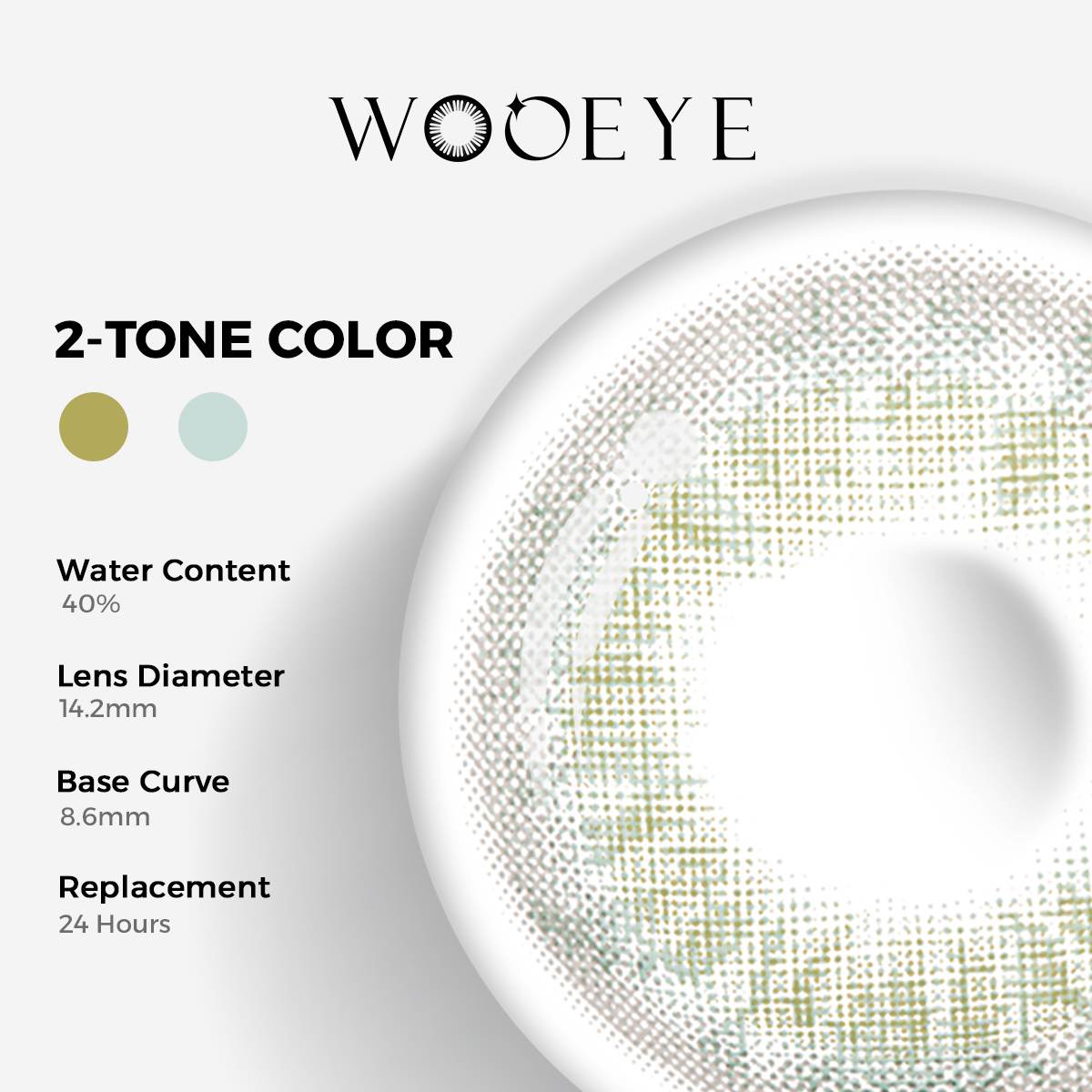 Lemon Green Color Contacts specifications: 14.2mm diameter, 8.6mm base curve, and 40% water content for daily comfort.