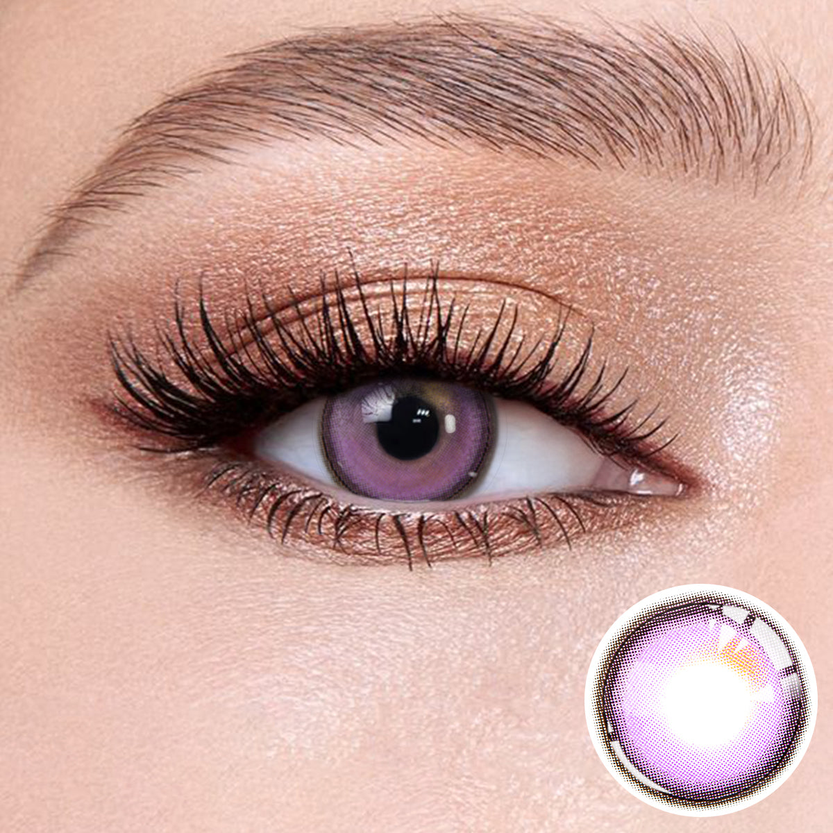 The effect of wearing Lilac-Purple Contact Lenses, with a close-up of the product in the lower right corner