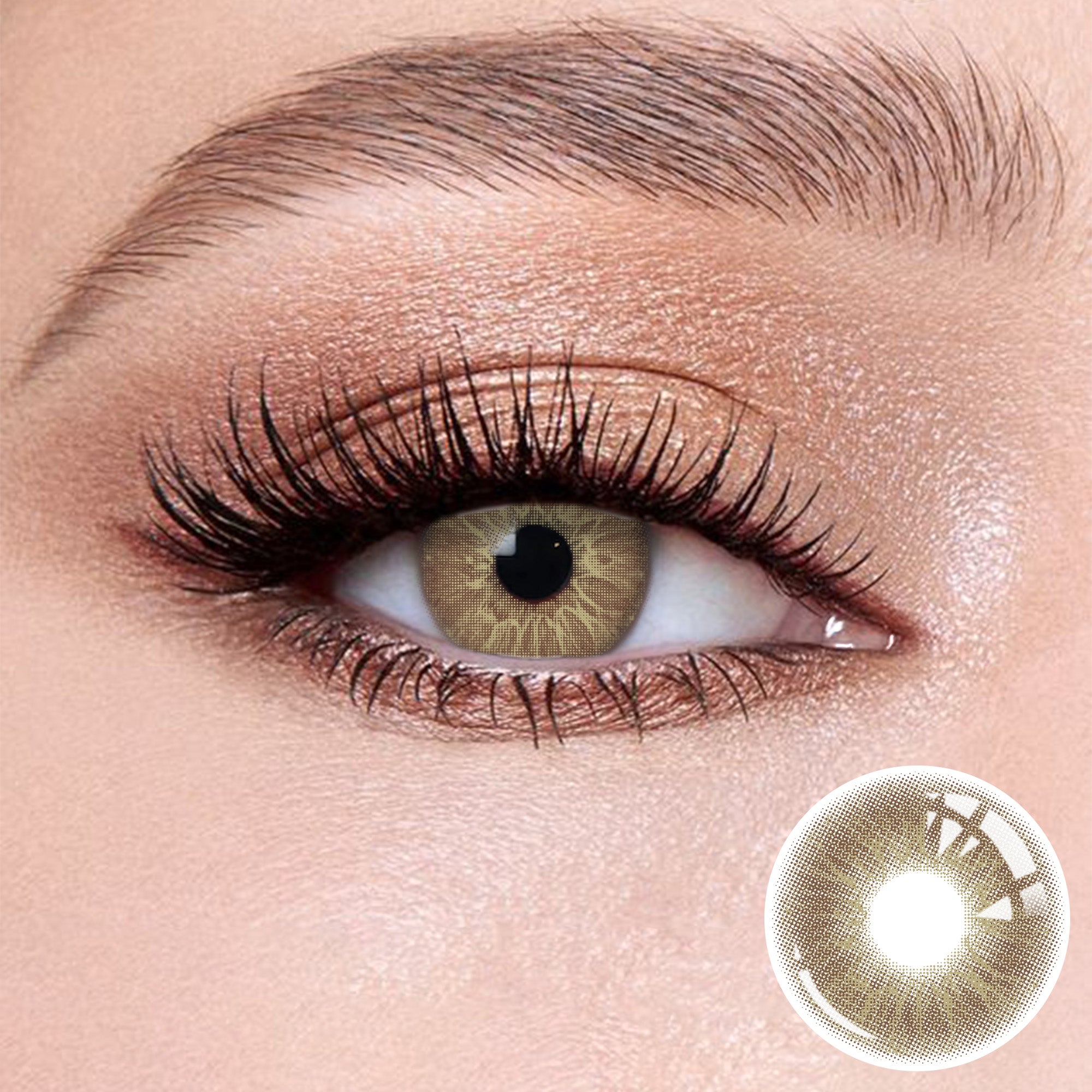 The effect of wearing Love Brown Contact Lenses, with a close-up of the product in the lower right corner
