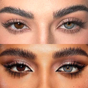 Before and after wearing Mermaid Blue Contact Lenses