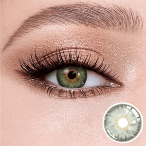 Mermaid Green contact lenses on the eyes, close-up of the product on the lower right