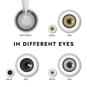 Effect display of wearing Misty Gray Contact Lenses for different eye colors