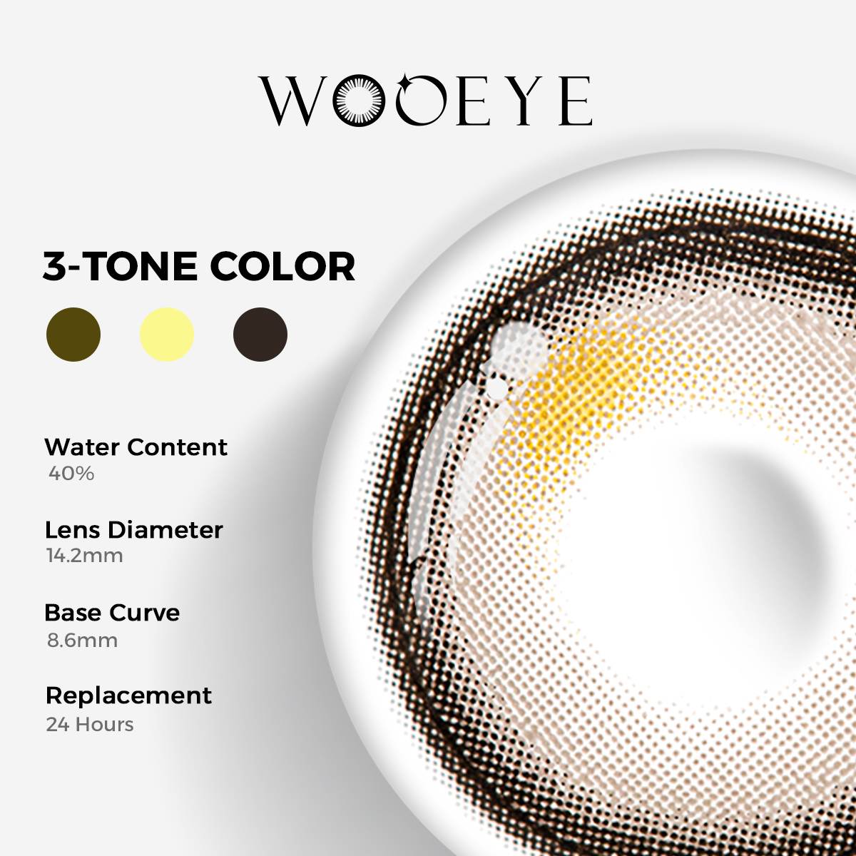 Misty Gray Color Contacts specifications: 14.2mm diameter, 8.6mm base curve, and 40% water content for daily comfort.