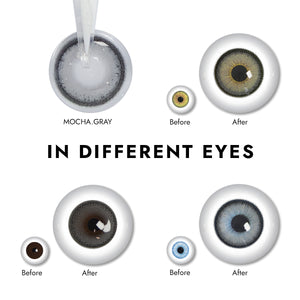 Effect display of wearing Mocha Gray Contact Lenses for different eye colors