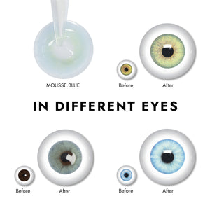 Effect display of wearing Mousse Blue Contact Lenses for different eye colors