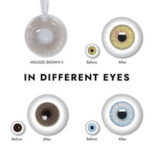 Effect display of wearing Mousse Brown II Contact Lenses for different eye colors