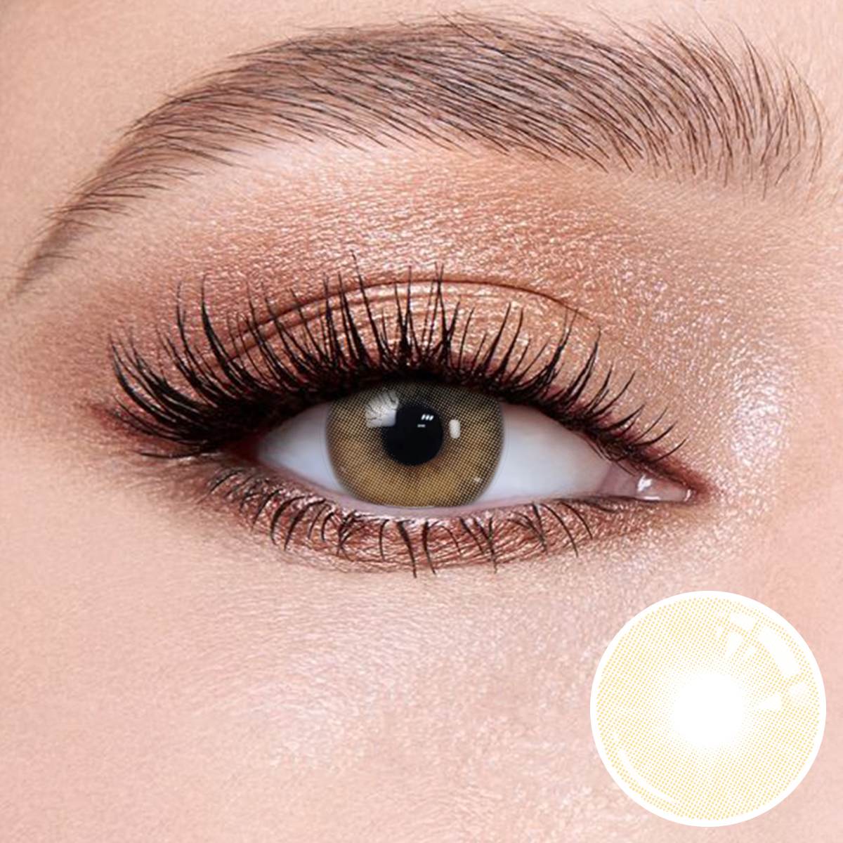 Mousse Brown I contact lenses on the eyes, close-up of the product on the lower right