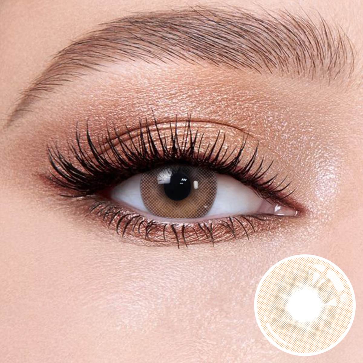 Mousse Brown II contact lenses on the eyes, close-up of the product on the lower right