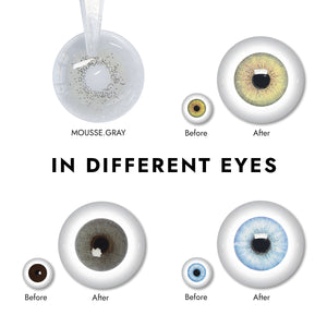 Effect display of wearing Mousse Gray Contact Lenses for different eye colors