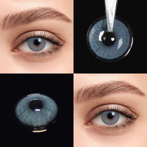 Brown eyes wearing Mulberry Blue Contact Lenses