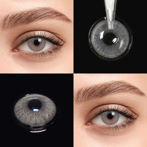 Brown eyes wearing Mulberry Grey Contact Lenses