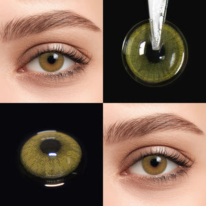 Brown eyes wearing Mulberry Green Contact Lenses