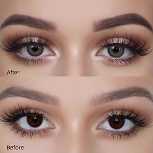 Before and after wearing Mystery Gray Contact Lenses