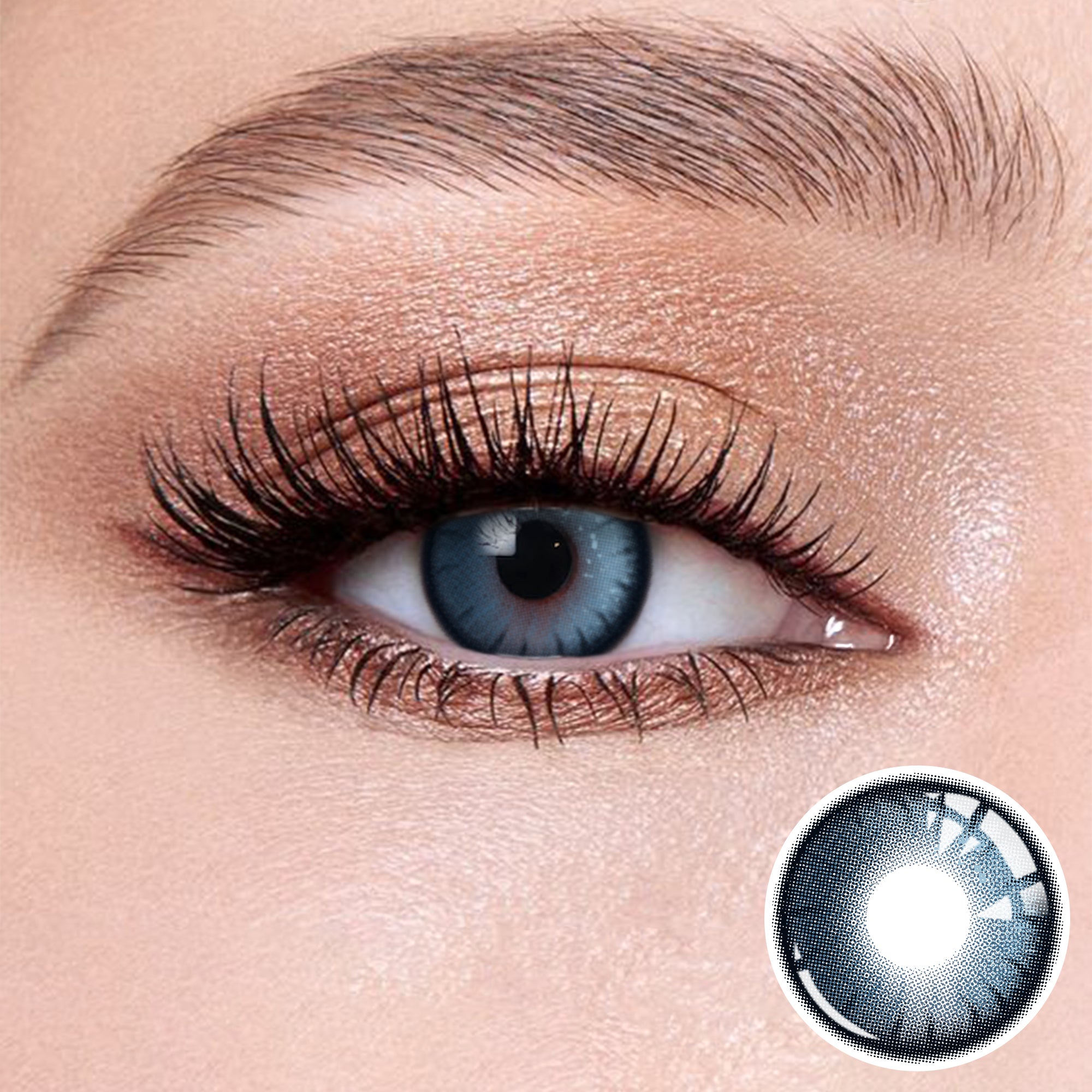 The effect of wearing Night Blue Contact Lenses, with a close-up of the product in the lower right corner