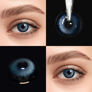 Brown eyes wearing Night Blue Contact Lenses