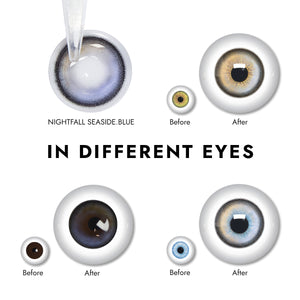 Effect display of wearing Nightfall Seaside Blue Contact Lenses for different eye colors