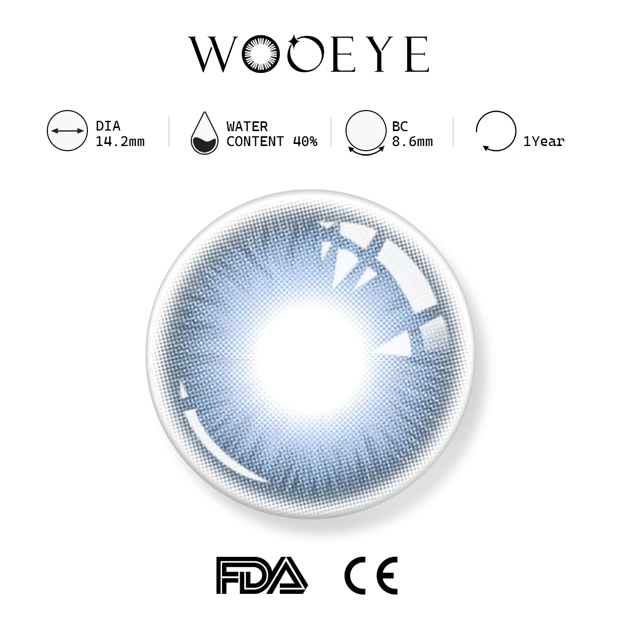 NutBlue product specifications, Wooeye logo on top, FDA and CE certification marks on bottom