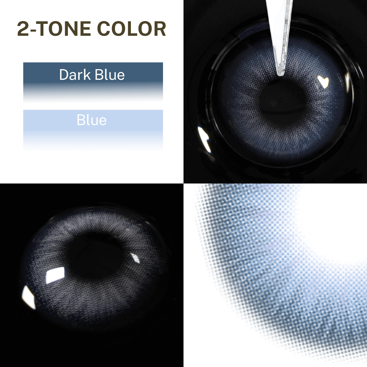 Close-up of the black background and edge details of the NutBlue contact lens, two colors of the product on the upper left