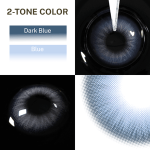 Close-up of the black background and edge details of the NutBlue contact lens, two colors of the product on the upper left