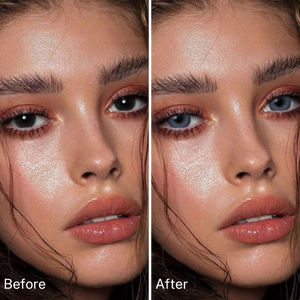 Girl wearing Nut Blue contact lenses before and after effect