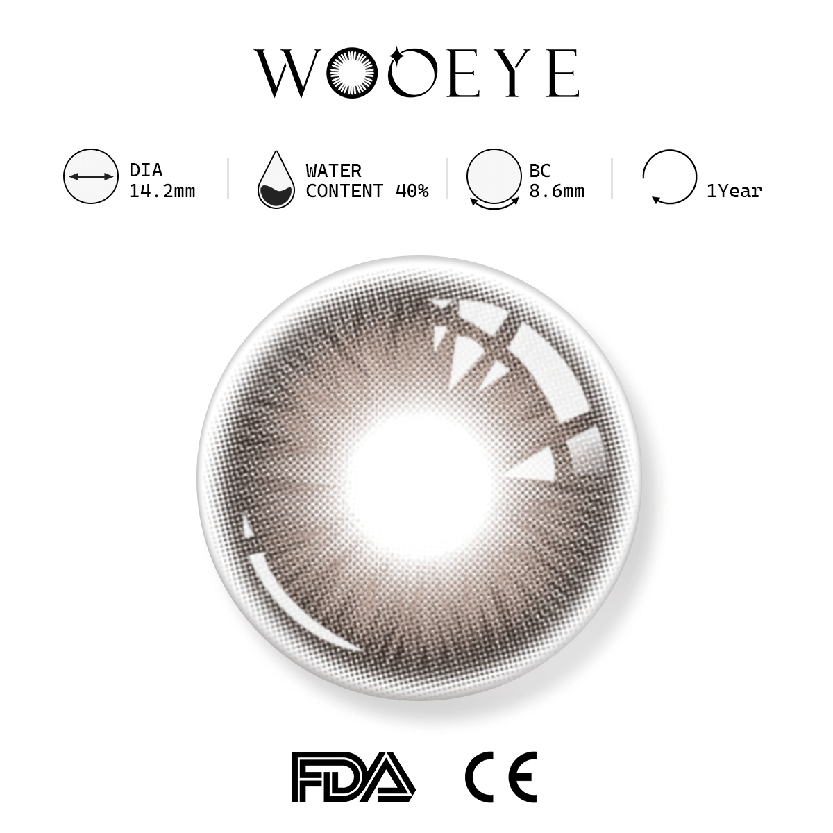 Nut Brown product specifications, Wooeye logo on top, FDA and CE certification marks on bottom