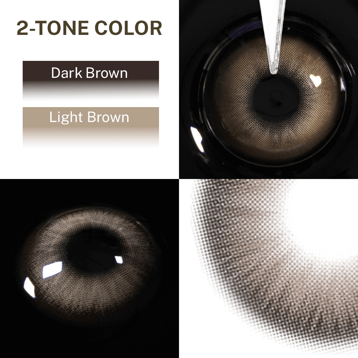Close-up of the black background and edge details of the Nut Brown contact lens, two colors of the product on the upper left